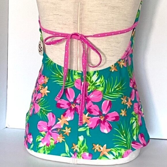SO V Neck Halter Top Tankini Swimsuit Juniors Sz L Floral Pink Green Tropical - Picture 15 of 16